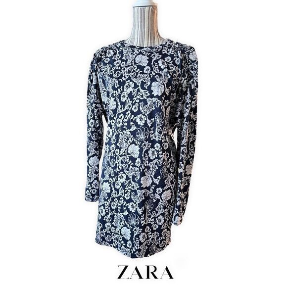 ZARA | Navy | FLORAL JACQUARD DRESS - Picture 5 of 11